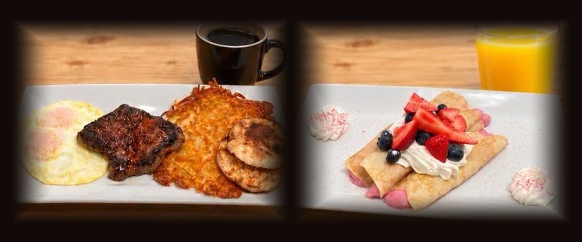 New at breakfast, steak and eggs and triple berry crepes